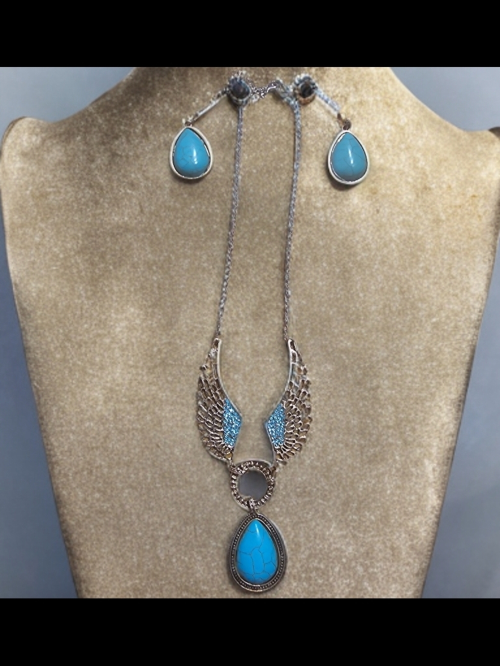Silver Wing Pendant Necklace with Turquoise Teardrop - Women's Jewelry 💎📿🦋